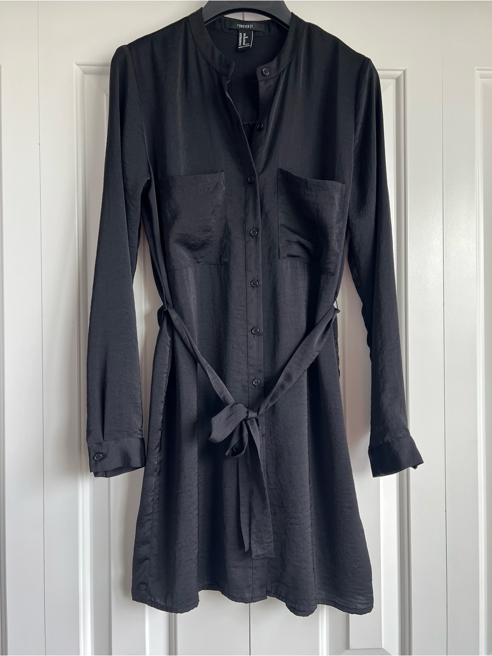 Black Matte Satin Long Sleeve Shirt Dress Size XS
